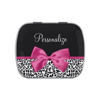 Vivacious Dark Pink Ribbon Leopard Print With Name Jelly Belly Candy Tin