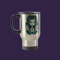 "Vivian" Aqua Blue Cyber Goth Fairy Art Travel Mug