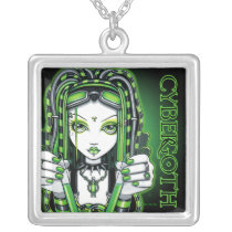 vivian, cybergoth, fairy, green, industrial, dark, faery, fae, faerie, fantasy, cyber, cyberpunk, toxic, art, myka, jelina, Necklace with custom graphic design