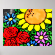 Vivid Sunflower & Roses Watercolor Garden Poster