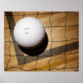 Volleyball and net on hardwood floor poster