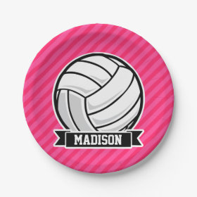Volleyball on Neon Pink Stripes 7 Inch Paper Plate