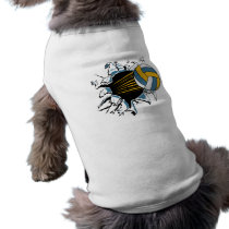 volleyball ripping through blue and gold dog clothing