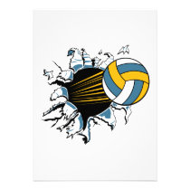 volleyball ripping through blue and gold invitations