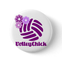 VolleyChickPurpleFlowers Pinback Button