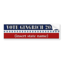 Vote Gingrich 2012 customizable state bumper stick Bumper Stickers