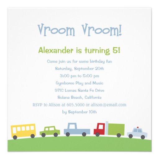 Vroom Vroom Cars Birthday Party Invitation