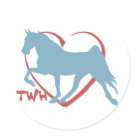 round_sticker - This design was made especially for Tennessee Walking Horse fans out there! It features the image of a blue Tennessee Walking Horse with a red heart behind it and the letters "TWH." Makes a great gift for horse lovers of all ages!