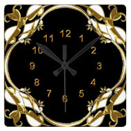 Wall Clock Black Gold White Floral Swirl