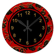 Wall Clock Black Red Gold Trim Damask Floral