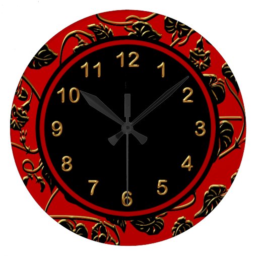 Wall Clock Black Red Gold Trim Damask Floral Zazzle
