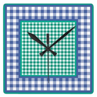 Wall Clock, Emerald Green and Blue Check Gingham