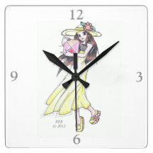 Wall Clock featuring Girl in Yellow Dress and Hat