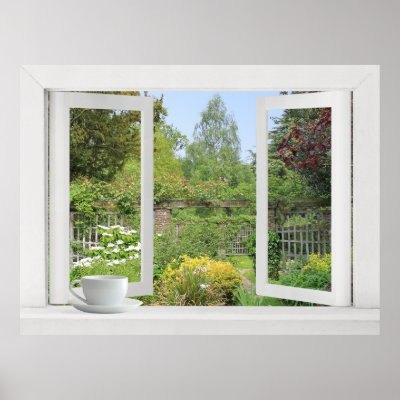 Walled Garden - Open Window onto Flowers and Trees Poster