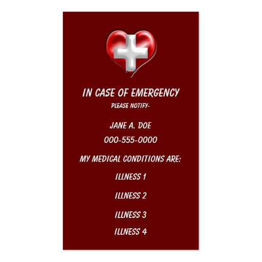 wallet size medical warning business card Zazzle