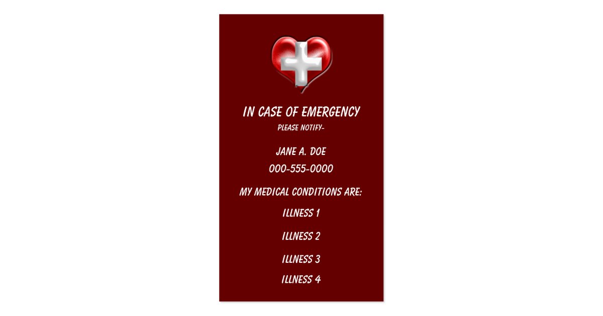 wallet size medical warning business card | Zazzle