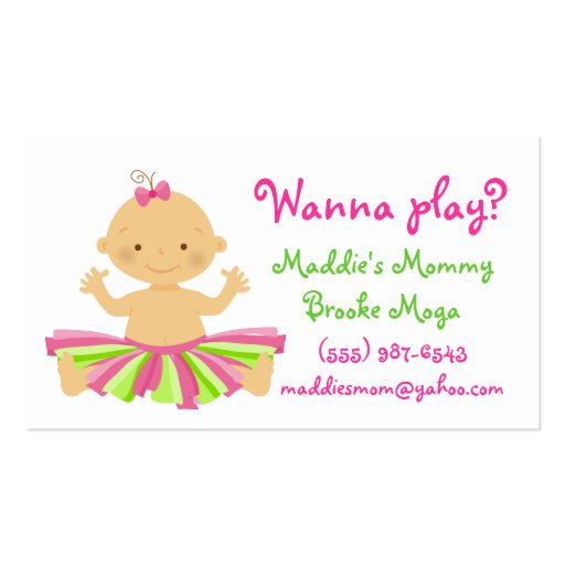 Wanna play? Mommy playdate card for baby girl. Business Card Template (front side)