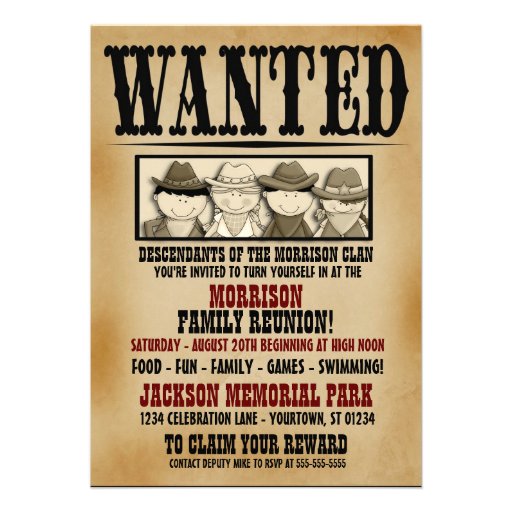 Wanted Poster Family Reunion Barbeque Invitation (front side)