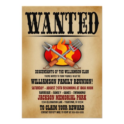 Wanted Poster Family Reunion Barbeque Invitations (front side)