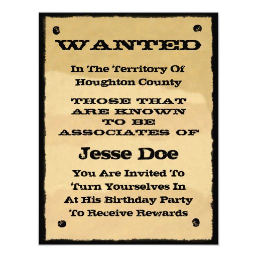 Wanted Poster Invitations Fun Western Cowboy Party