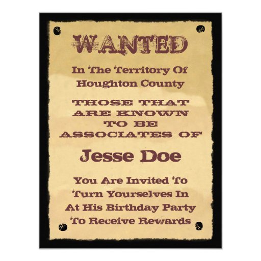Wanted Poster Invitations to Western Themed Party