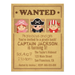 Wanted Vintage Poster Pirates Boys and Girls Party Invite