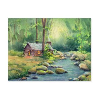 WARM LOG CABIN by SHARON SHARPE postcard