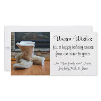 Warm Wishes - Boots by fireplace Personalized Photo Card
