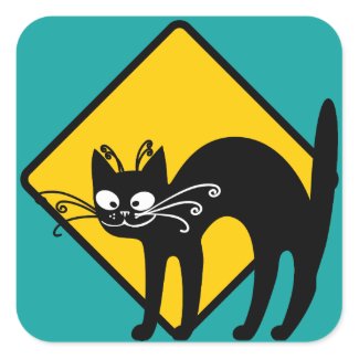 Warning Black Cat Crossing Ahead Square Sticker