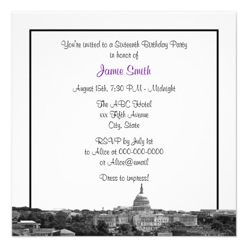 Wash DC Skyline Etched BW Purple Sweet Sixteen SQ Invitations