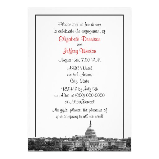 Wash DC Skyline Etched BW Red Engagement Party Personalized Invitations