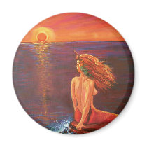 Watching The Sunset Mermaid art magnet magnets