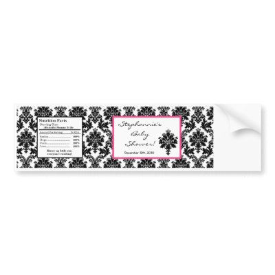 Water Bottle Label Hot Pink Black Damask Bumper Stickers by AnnLeeDesigns