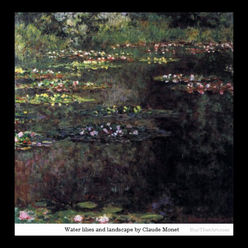 Water lilies and landscape by Claude Monet Print