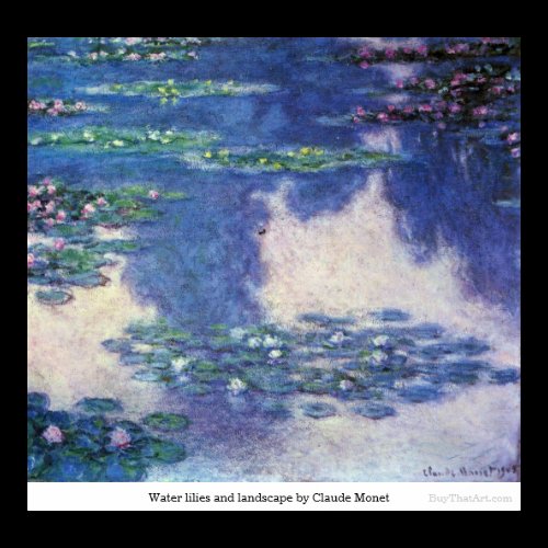 Water lilies and landscape by Claude Monet Poster