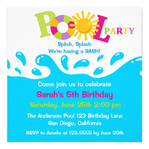 Water Splash Girl Pool Party Birthday Invitation