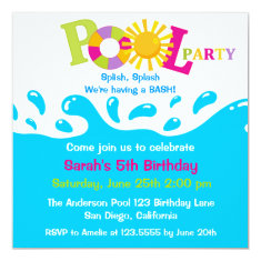   Water Splash Girl Pool Party Birthday Invitation 5.25