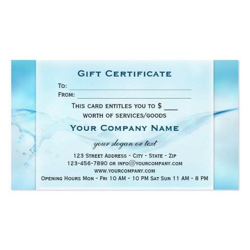 Water Splash Spa Gift Certificate Business Card (back side)