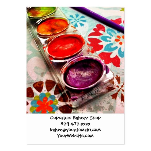 Watercolor Artist Paint Tray and Brush on Flowers Business Card Templates (front side)