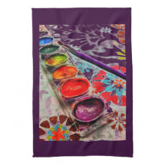 Watercolor Artist Paint Tray and Brush on Flowers Hand Towel