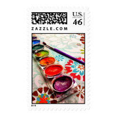 Watercolor Artist Paint Tray and Brush on Flowers Postage Stamps
