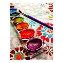 Watercolor Artist Paint Tray and Brush on Flowers Postcard