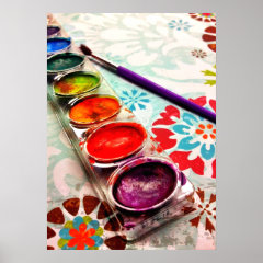 Watercolor Artist Paint Tray and Brush on Flowers Posters