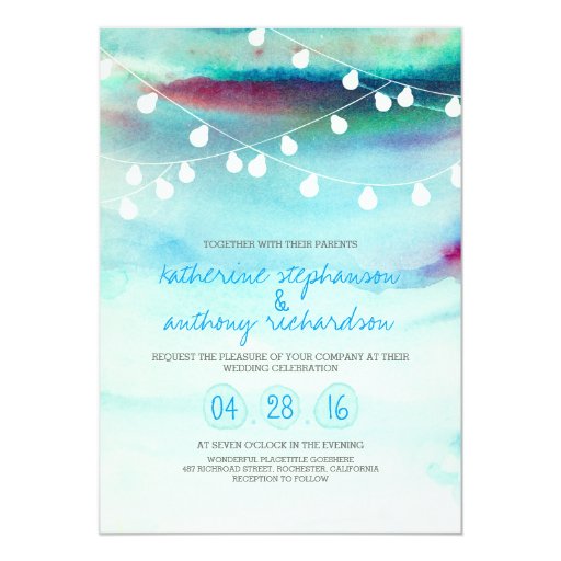 watercolor beach string lights wedding invitation (front side)
