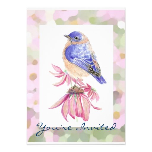 Watercolor Bluebird Garden Party Floral Personalized Invite (front side)