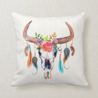 Watercolor Bull Skull And Indian Symbols Throw Pillow