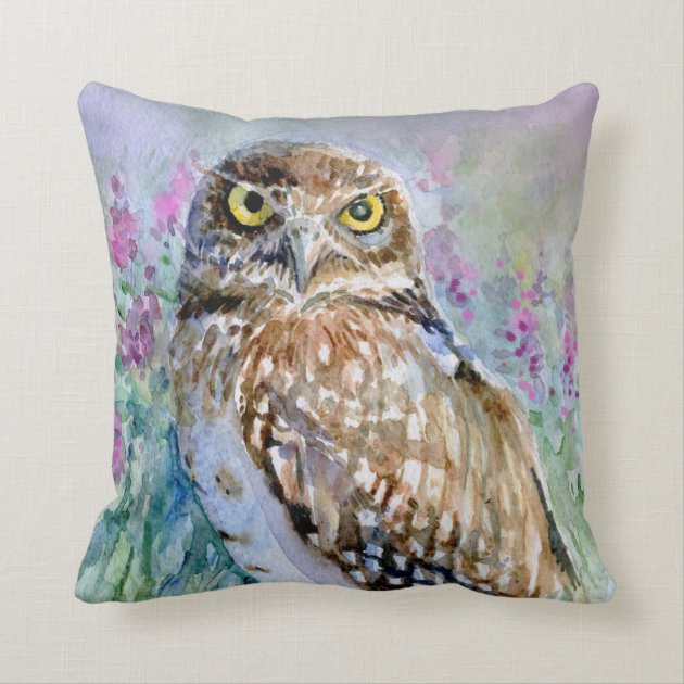 Watercolor Burrowing owl Athene cunicularia Pillows
