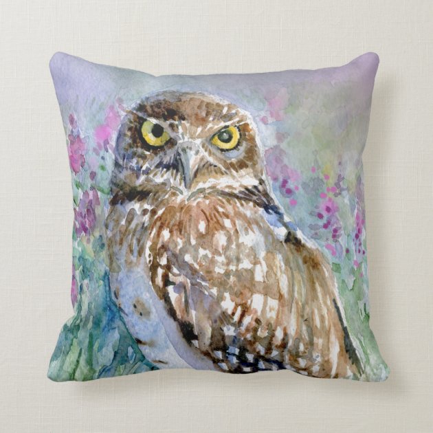 Watercolor Burrowing owl Athene cunicularia Pillows