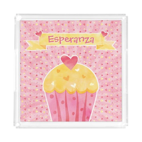 Watercolor Cupcake with Pink Background Custom Square Serving Trays