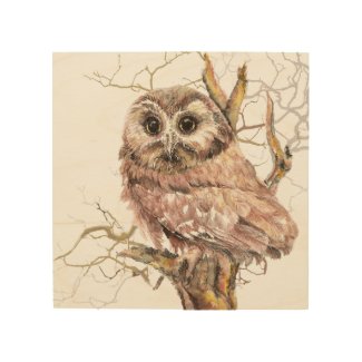 Watercolor Cute Owl in Tree Art Wood Wall Art